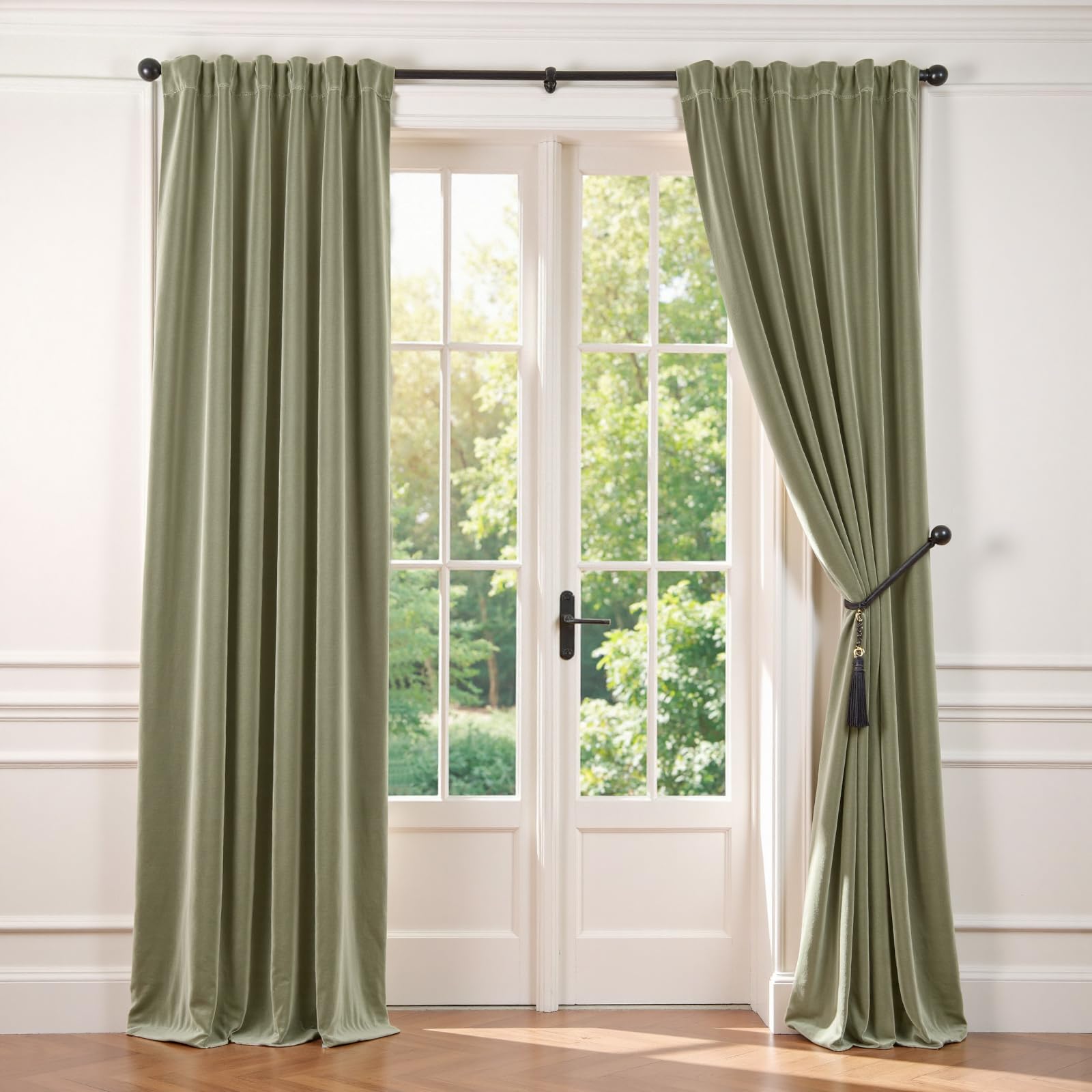 Lazzzy Green Velvet Blackout Curtain - Thermal Insulated, Noise Reducing, Darkening Privacy Drapes - 84 Inch Long, 1 Panel Sage Green