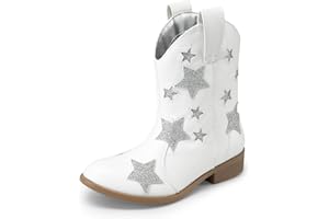 DREAM PAIRS Girls Cowgirl Boots Mid Calf Glitter Cowboy Western Boots Toddler Girls Star Riding Shoes