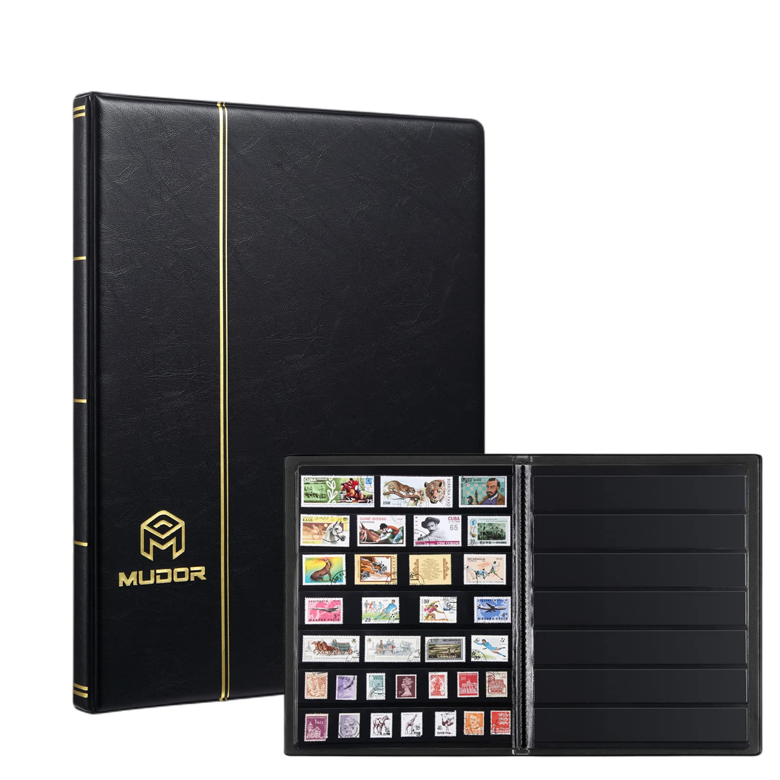 MUDOR Stamp Collecting Album, 7 Rows Pockets Stamp Book for Collectors, 10 Sheets Stamp Stockbook, Black