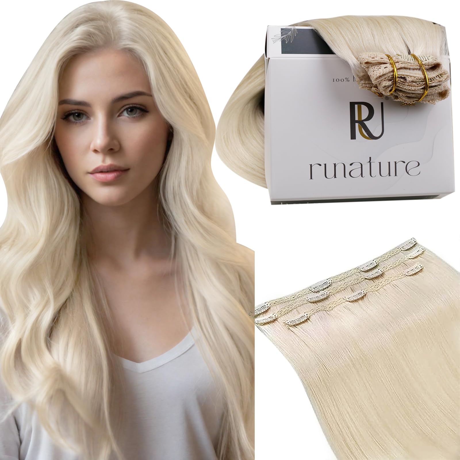 RUNATURE White Blonde Clip in Human Hair Extensions Ice Blonde Remy Straight Clip in Extensions Double Weft 50g 5pcs 10 Inch #800