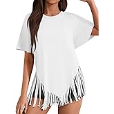 Remidoo Womens Fringe Top Oversized T Shirt Round Neck Short Sleeve Tee Shirts