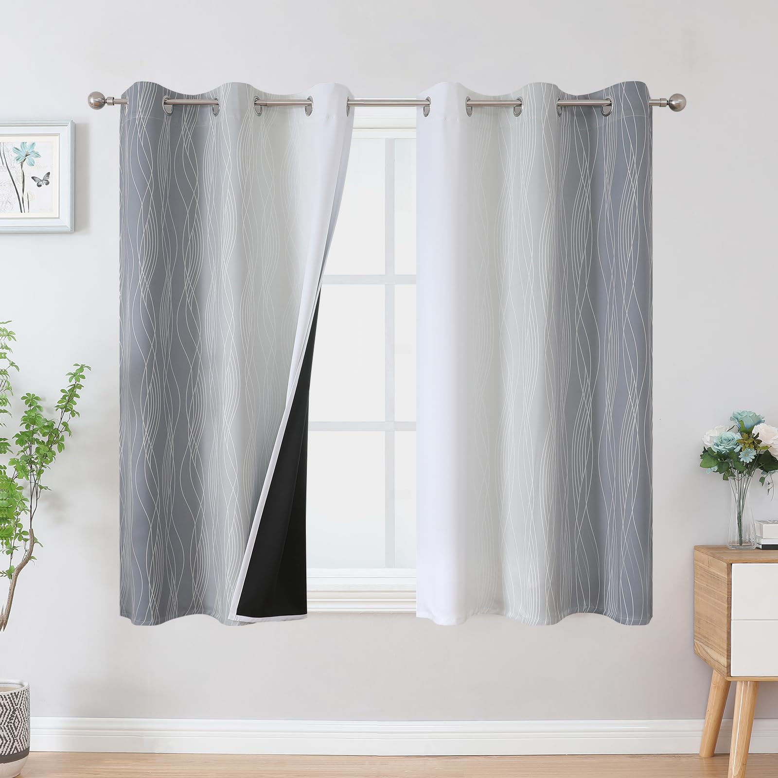 VEHEDE Grey and Grayish White Gradient Blackout Curtains 54 Inch Drop for Kitchen, Wave Stripe Thermal Insulated Ombre Full Room Darkening Eyelet Drapes for Bedroom, W42 x L54 Inch, 2 Panels