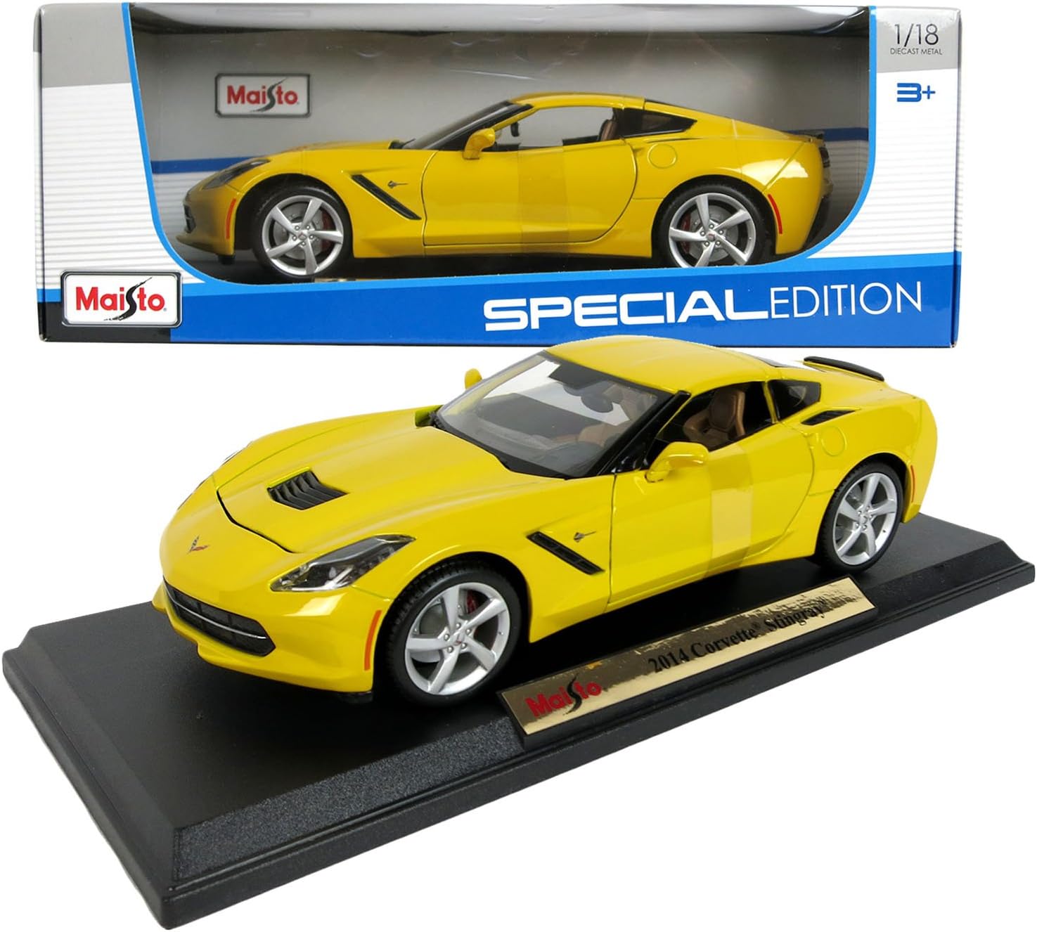 Special Edition Maisto Series 1:18 Scale Die Cast Car Set - Yellow Sports Coupe 2014 CORVETTE STINGRAY with Base (Dimension: 9-1/2" x 3-1/2" x 3")