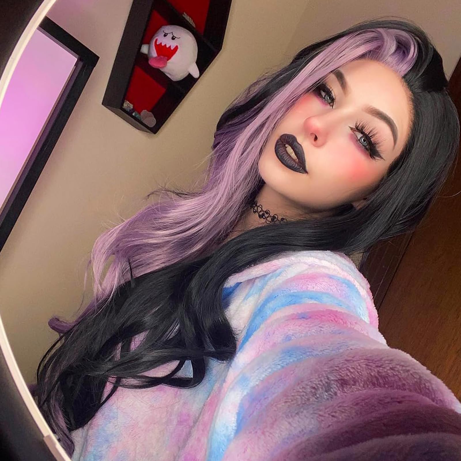 Purple Glueless Lace Front Wigs Long wavy Synthetic Hair Half Purple Black Color Real Natural Straight Wavy Wigs for Women Heat Resistant Fiber Daily Wear Costume Wig