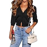 Ezbelle Women's V Neck Tops Cardigan Sweater Summer Crop Shirt 3/4 Sleeve Shrugs Sweaters Knit Button Clothes 2026
