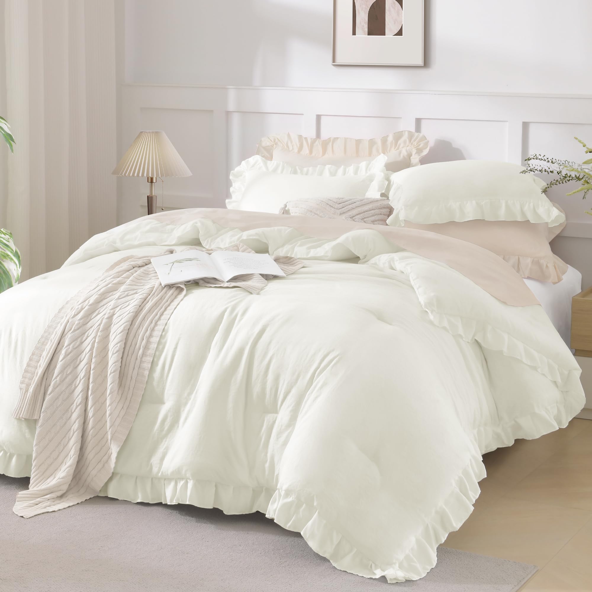 Photo 1 of Andency Oversized King Ruffle Comforter Set 120x120, 3 Pieces Ivory Lightweight Fluffy Super King Bedding Set, Shabby Chic Famhouse All Season Bed Set for Girls Women