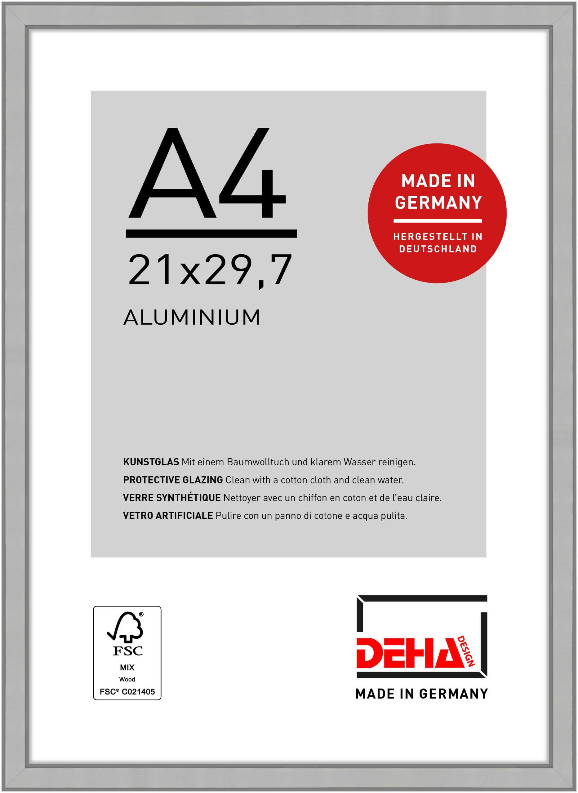 DEHA Design Boston Aluminium Picture Frame - A4 (21x29.7 cm) – Frosted Silver - with Synthetic Glass and Push/Turn Clips