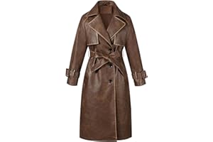 Bellivera Women Trench Coat Long Jacket Faux Leather Classic Lapel Belt Loose Overcoat