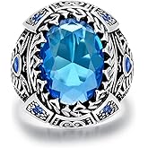 PYTALI Blue Topaz Oxidated Sterling Silver Ring for Men Vintage Retro Cool Jewelry for Men Blue Topaz Ring Gift for Men Boy Dad Him