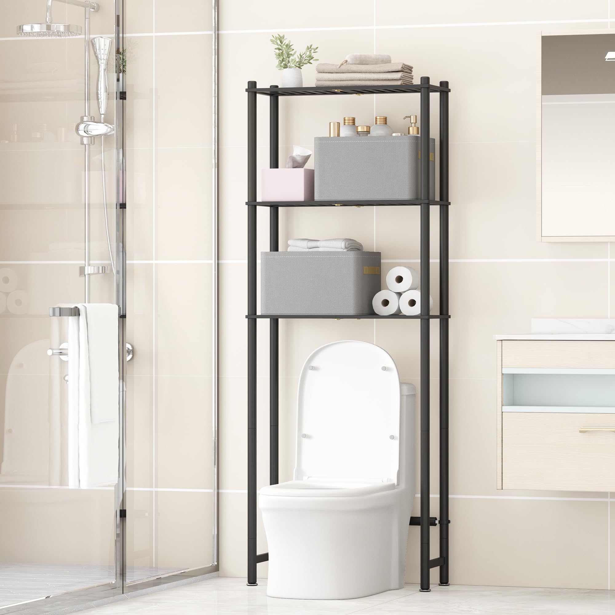 Photo 1 of Over Toilet Bathroom Organizer - 3-Tier Bamboo Behind The Toilet Bathroom Organizer Shelf Freestanding Toilet Rack Space Saver for Bathroom Laundry Home, Easy Assembly with 2 Storage Bags (Black)