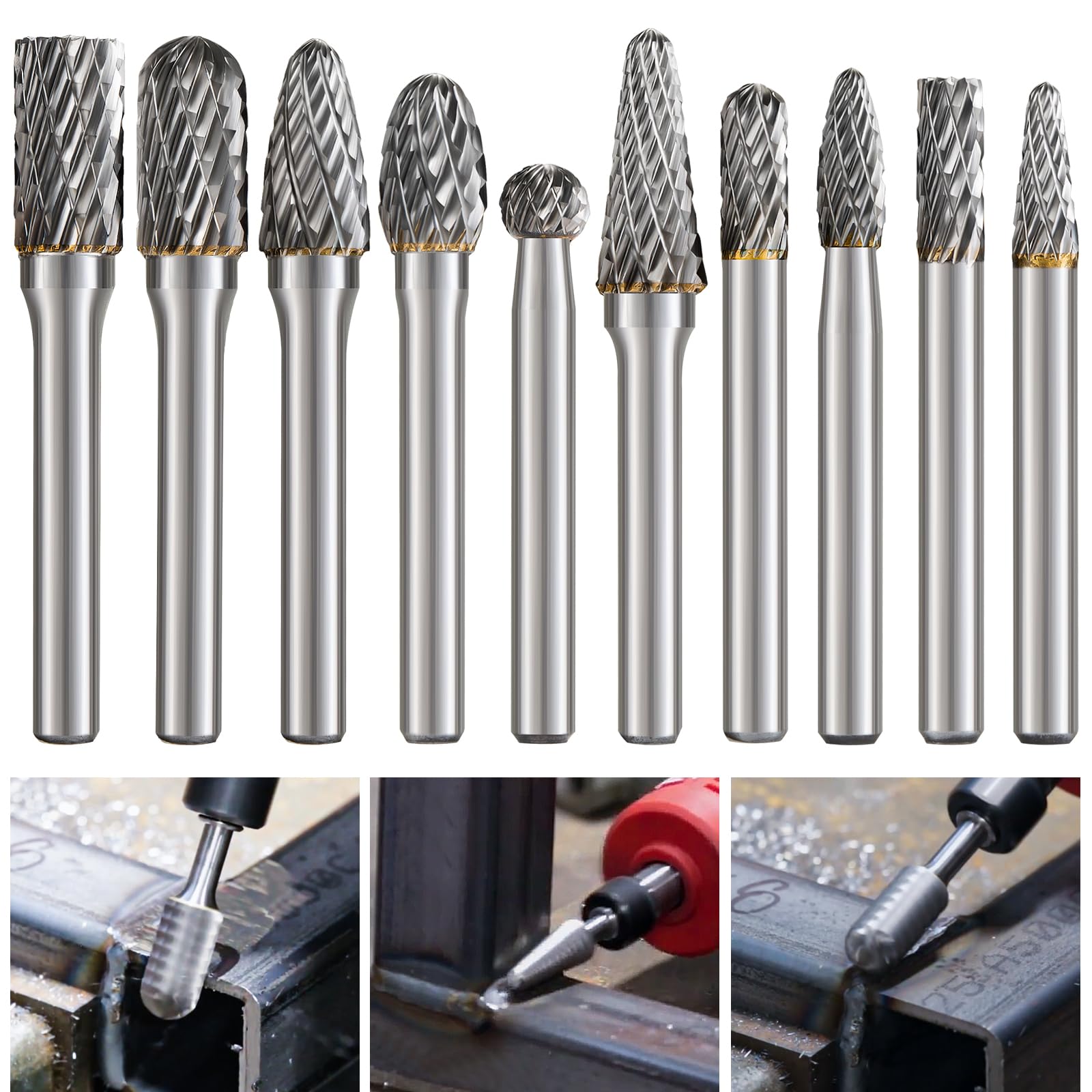 shengbenhao Tungsten Carbide Burr Set 1/4" Shank,10 Pcs Double Cut Die Grinder Bits Rotary Burrs for Metal Wood Working, Grinding, Drilling, Milling, Carving, Weld Deburring