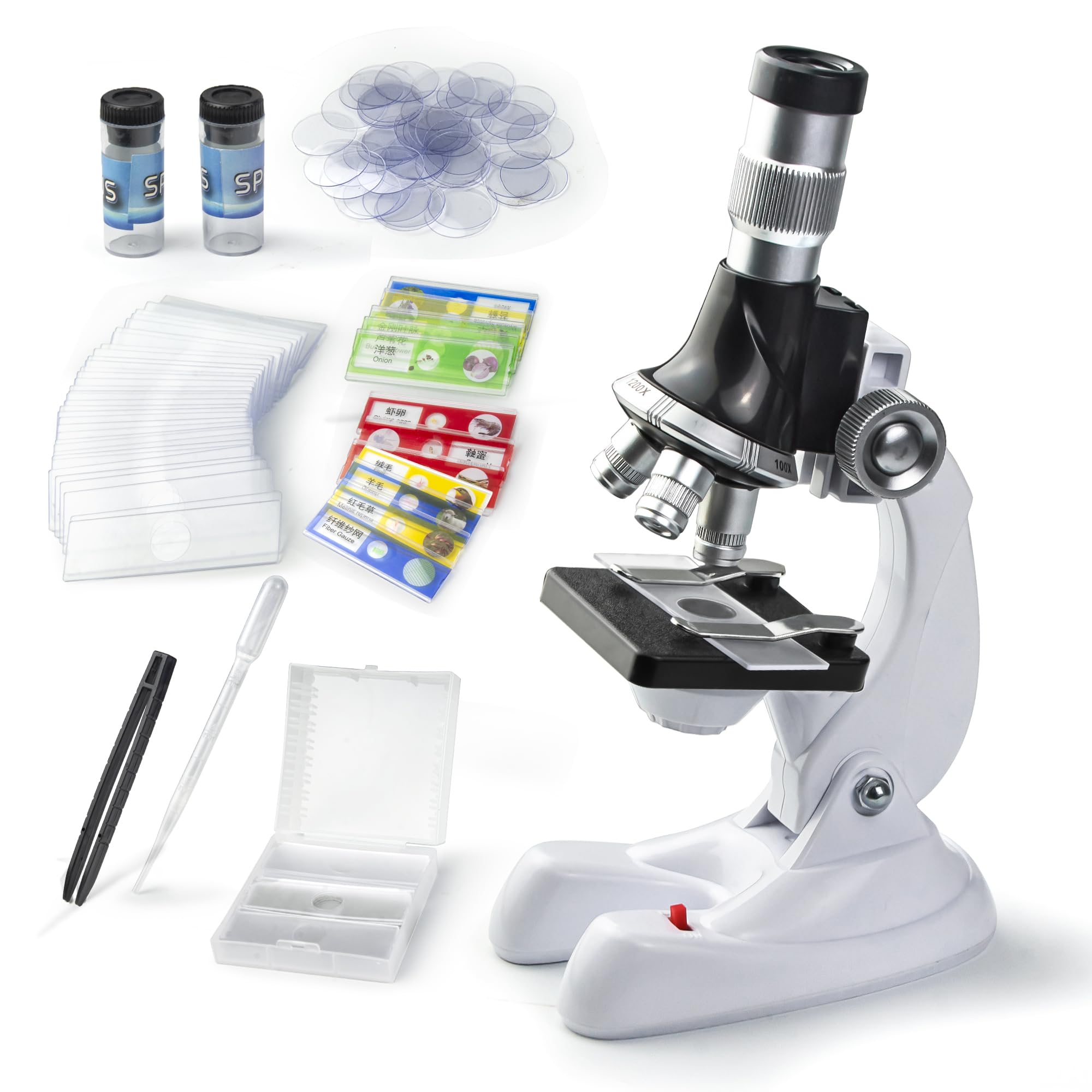 Photo 1 of 115 Pcs Microscope Science Kit for Kids with 100X-1200X Magnification,Equiped with Prepared and DIY Blank Slides Microscope for Beginner Boys Girls
