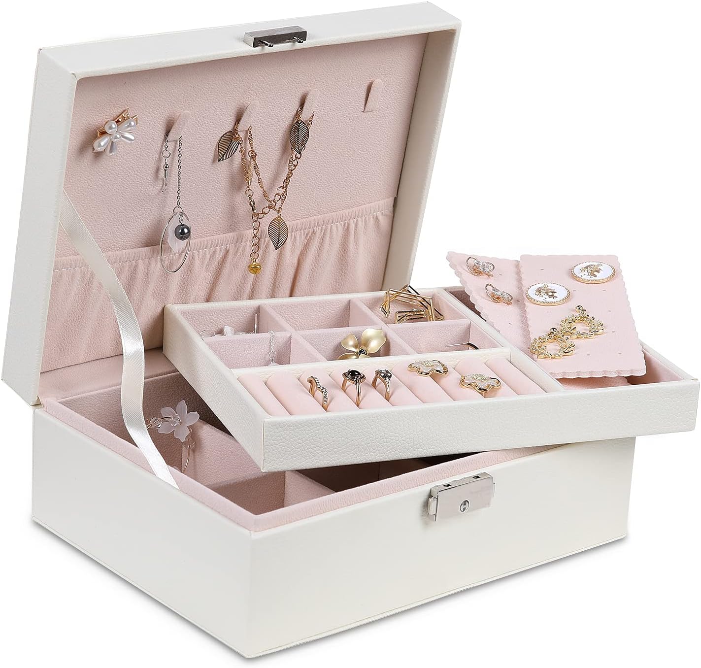 misaya Small Jewelry Organizer Box, Two Layer PU leather Jewelry Storage Box for Women with Removable Tray for Earring Ring Necklace Bracelet, Off White: Home & Kitchen