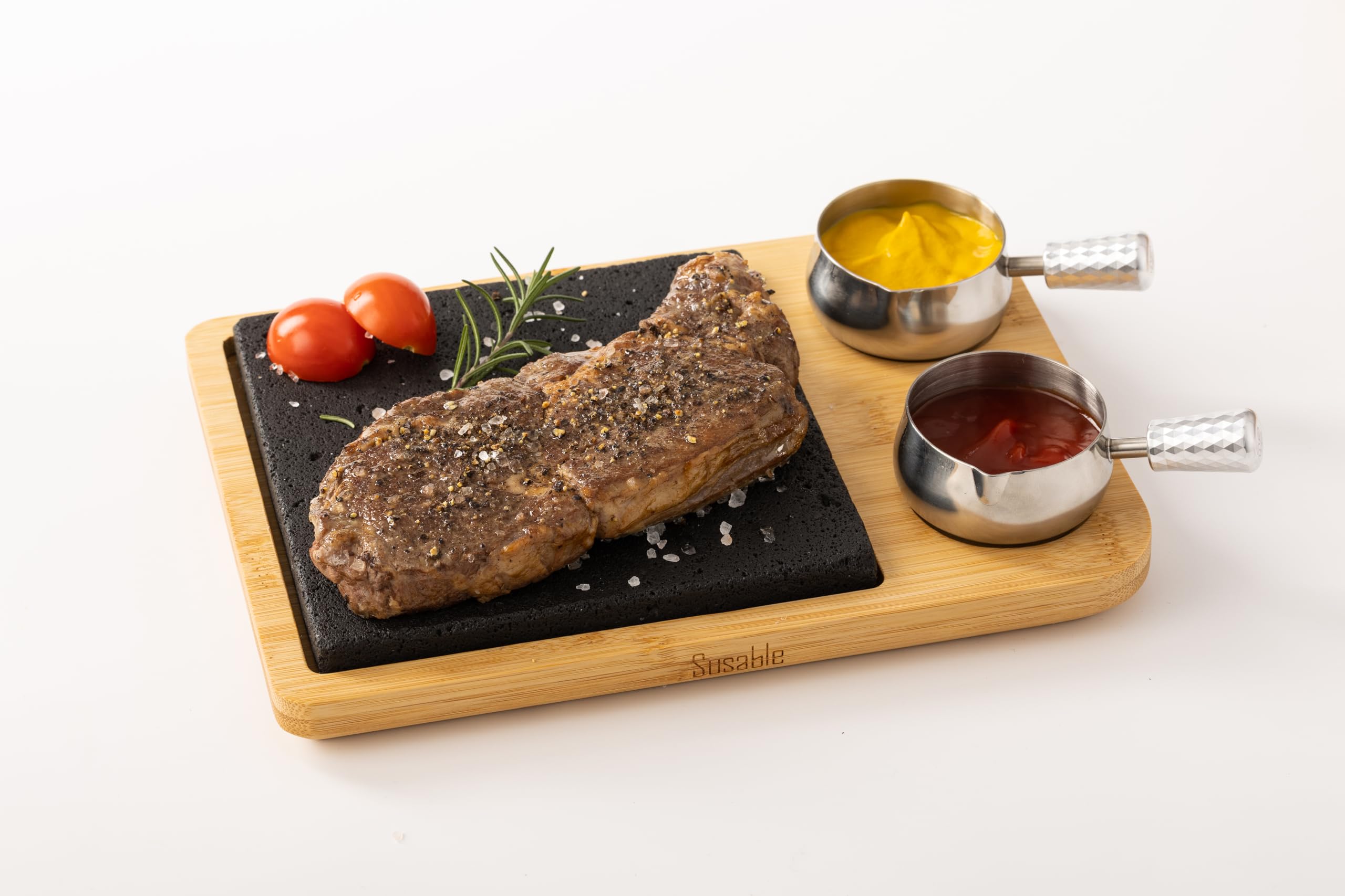 Susable Lava Stone Steak BBQ Serving Board Set, Hot Stone Stone Grill Set Made of Bamboo Board, Lava Stone, Grilling on Hot Stone, Perfect as a Grill Board, Steak Board, Grill Accessories for Steak