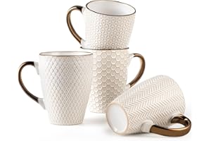 Gooditour Ceramic Coffee Mug Set - 16 Oz Large Coffee Mugs - Embossed Stoneware Cups with Handle for Latte Tea Cappuccino Coc