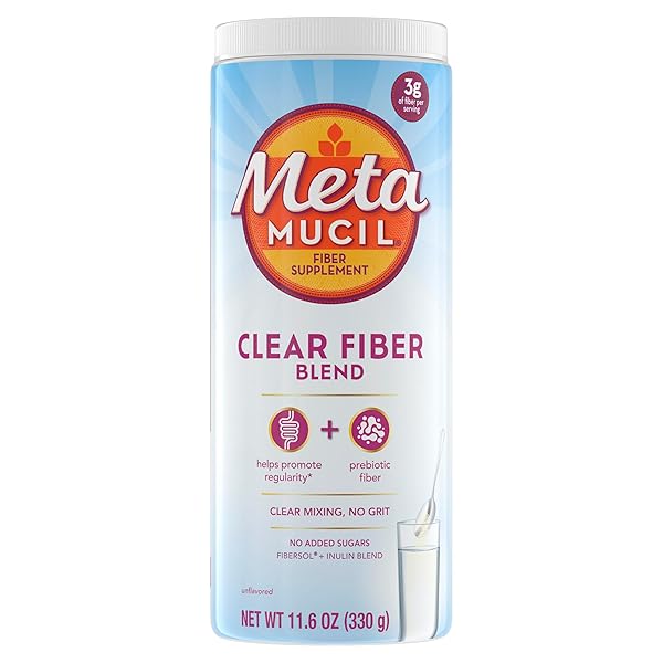 METAMUCIL FIBER SUPPLEMENT, UNFLAVORED CLEAR MIXING POWDER, NO GRIT, NO SUGAR ADDED, PLANT BASED PREBIOTIC FIBER SUPPLEMENT BLEND FOR DAILY DIGESTIVE HEALTH, 75 TEASPOONS