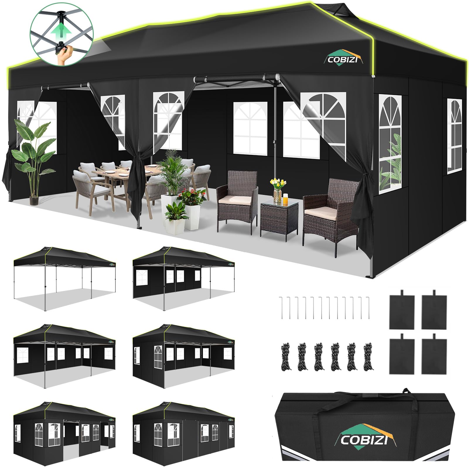 Photo 1 of *DIRTY* COBIZI 10x20 Pop Up Canopy Tent with 6 Removable Sidewalls, One Push Party Tent Outdoor Waterproof Event Canopy with Air Vent for Parties Commercial Wedding, 3 Height, Carry Bag, Sandbag, Black
