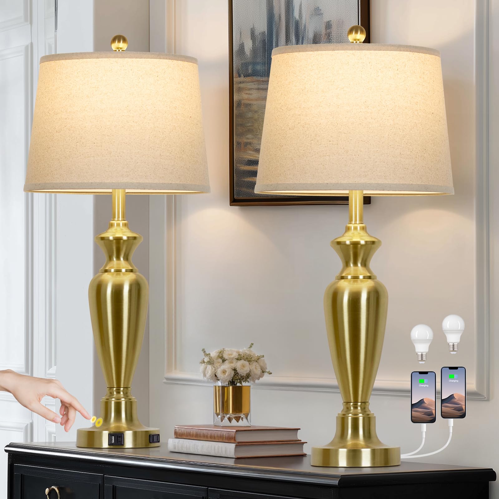 Photo 1 of Cinyirong 30" Tall Gold Table Lamps Set of 2, Touch Control Bedside Lamp with USB A+C Ports and AC Outlet, 3-Way Dimmable Modern Metal Nightstand Lamp for Bedroom Living Room, 2 LED Bulbs Included