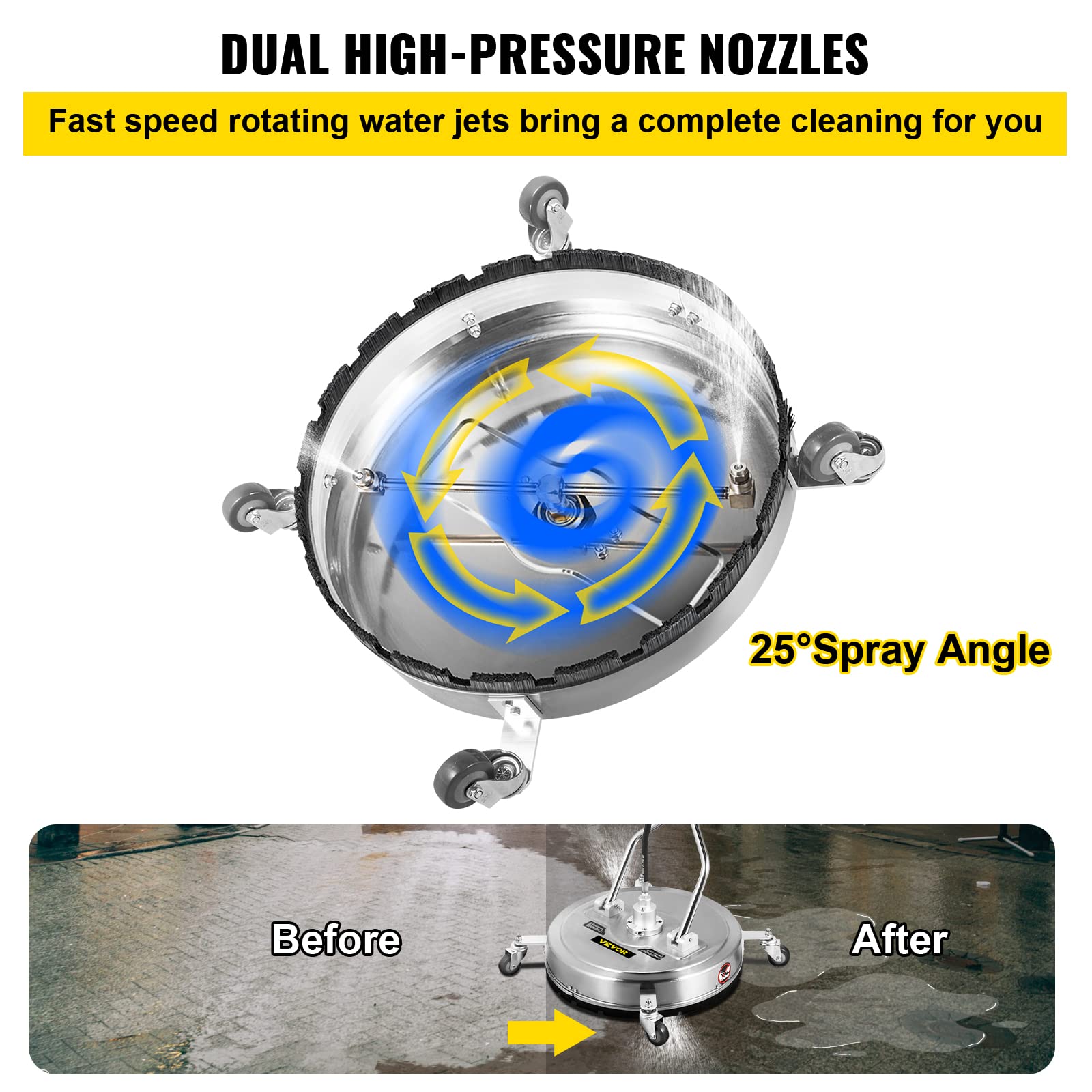 VEVOR Pressure Washer Surface Cleaner, 24'', Max. 4000 PSI Pressure by 2 Nozzles for Cleaning Driveways, Sidewalks, Stainless Steel Frame w/Rotating Dual Handle, Wheels, Fit for 3/8'' Quick Connector