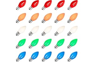 SOTOPOO 25 Pack C7 Christmas Lights Replacement Bulbs Multicolor Vintage Ceramic Tree Bulbs, for Christmas Tree Replacement Bulbs & Indoor Outdoor Xmas Lights C7 Replacement Bulbs, E12 Base, 5W
