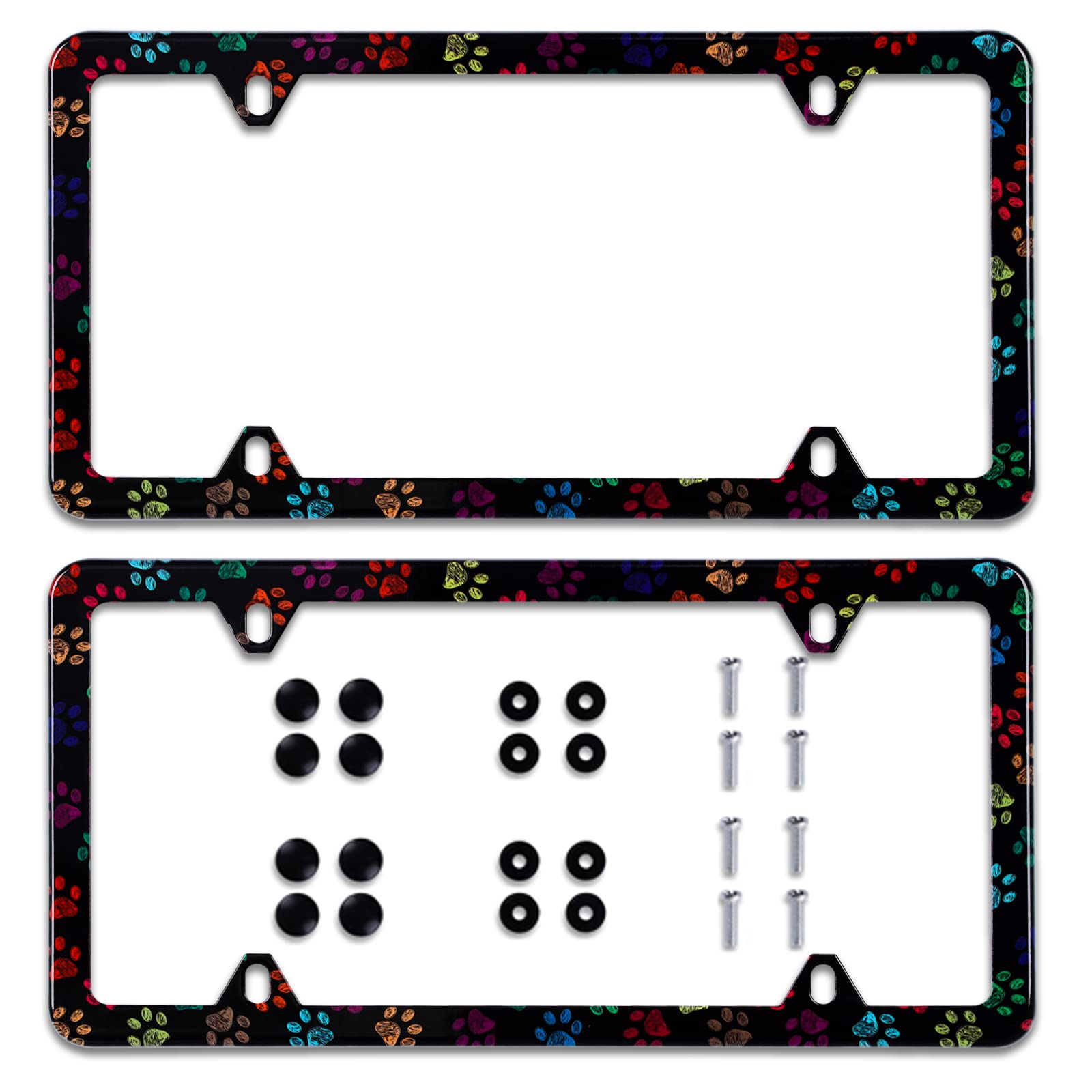 Photo 1 of Watercolor Dog Paws License Plate Frame 2 Pcs Stainless Steel Animals Paw Car License Plate Accessory Personalize Decor 12.3" X 6.3" 8 Holes Screws Fit All Vehicle Standard Size