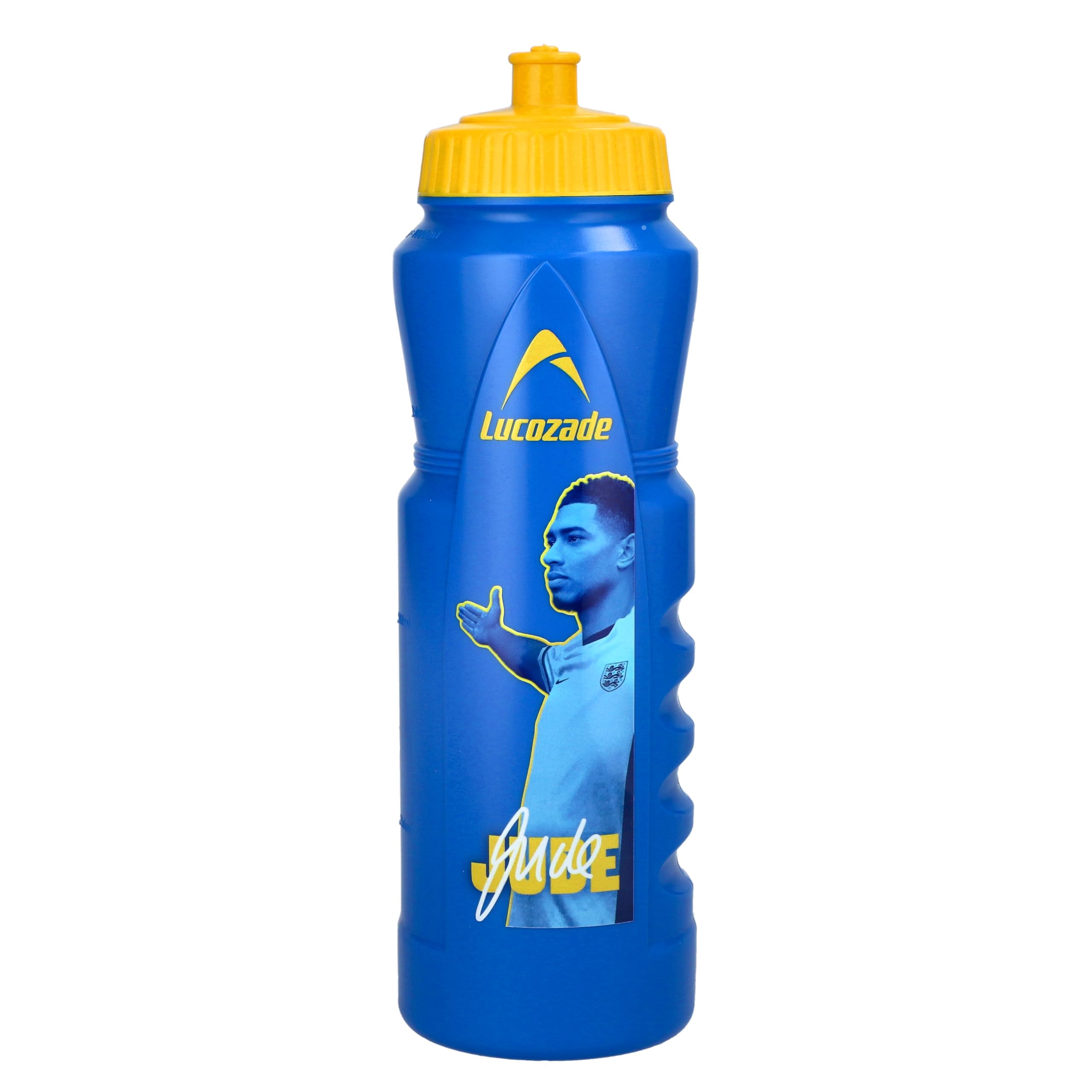 Lucozade Sport x Jude Bellingham England Football 1L Sports Water Bottle – leak proof, with sports cap & measuring strip, in yellow & blue