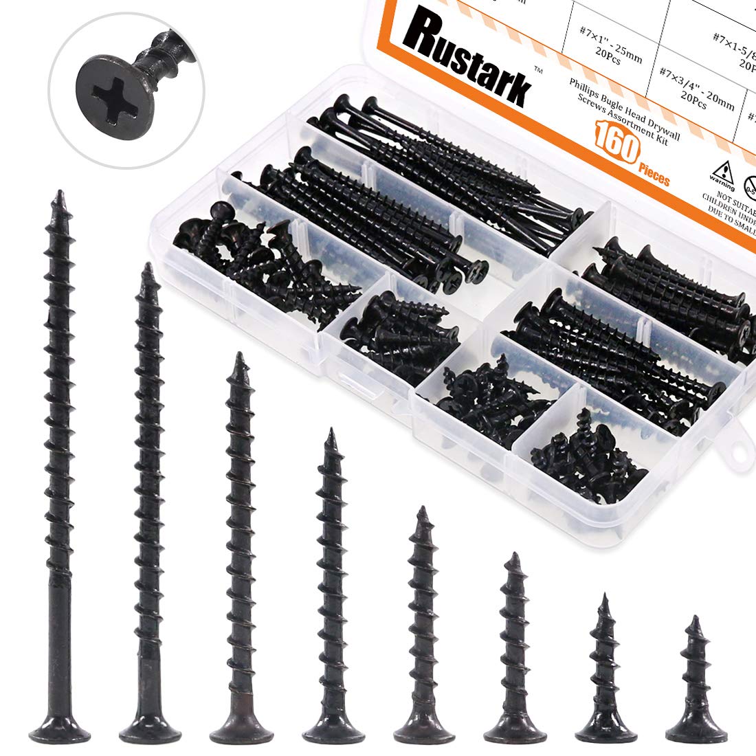Rustark 160Pcs M4 Coarse Thread Drywall Screw with Phillips Drive Black Oxide Finsh Bugle Head Wood Screws Assortment Kit Ideal for Drywall Sheetrock