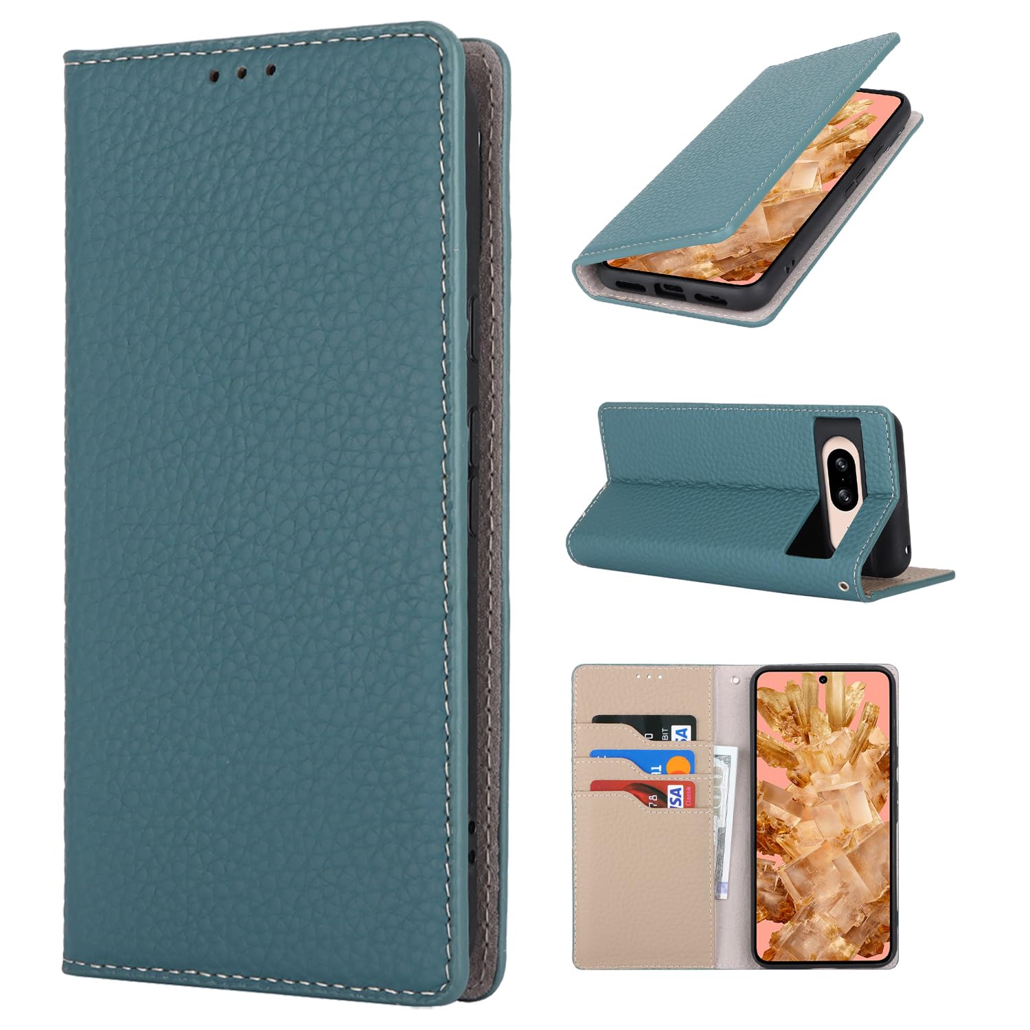 Cavor Phone Case compatible with Google Pixel 8,Flip Genuine Leather Wallet Case,[3 Card Holders][Magnetic][RFID-Blocking][Mit Lanyard],Protective Case Cover - Sky Blue