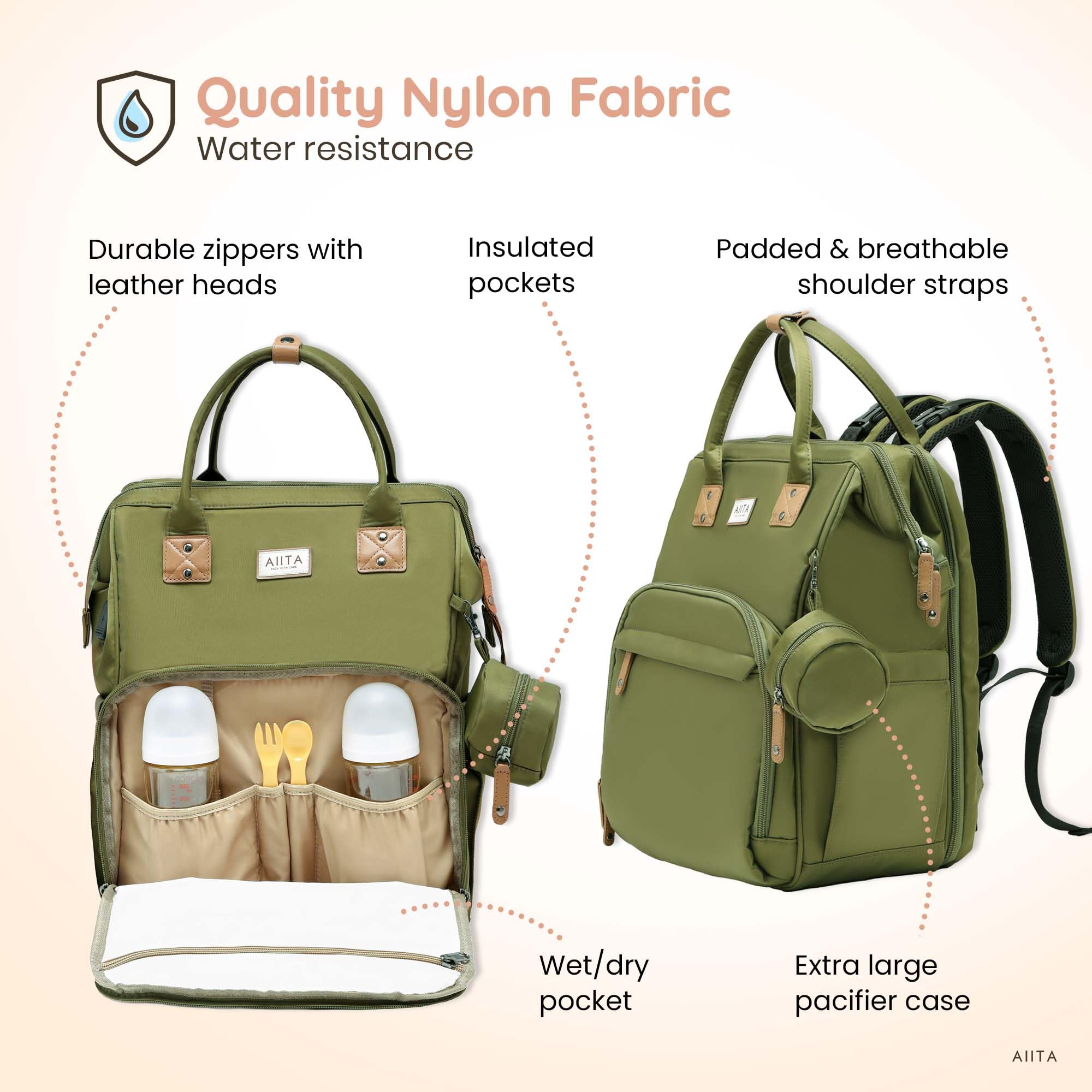AIITA Diaper Bag Backpack, Multifunction Diaper Bag with Changing Pad, Baby Diaper Bags for Boys Girls, Stylish Large Capacity Travel Backpack for Moms Dads, Baby Shower Gifts,Unisex – Olive Green