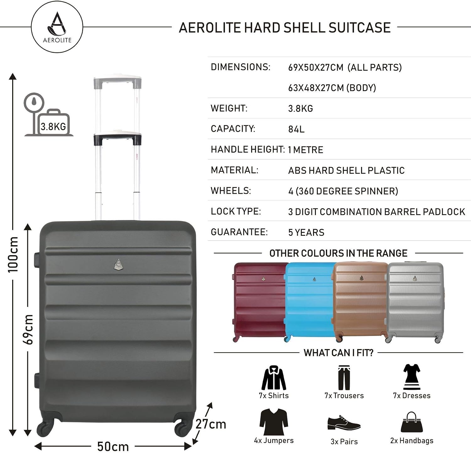 84L Trolley in ABS Valigia rigida e leggera con 4 ruote Aerolite Bagaglio da  Stiva Argento misure: 69cm Valigie e set da viaggio urban-earth.co.uk