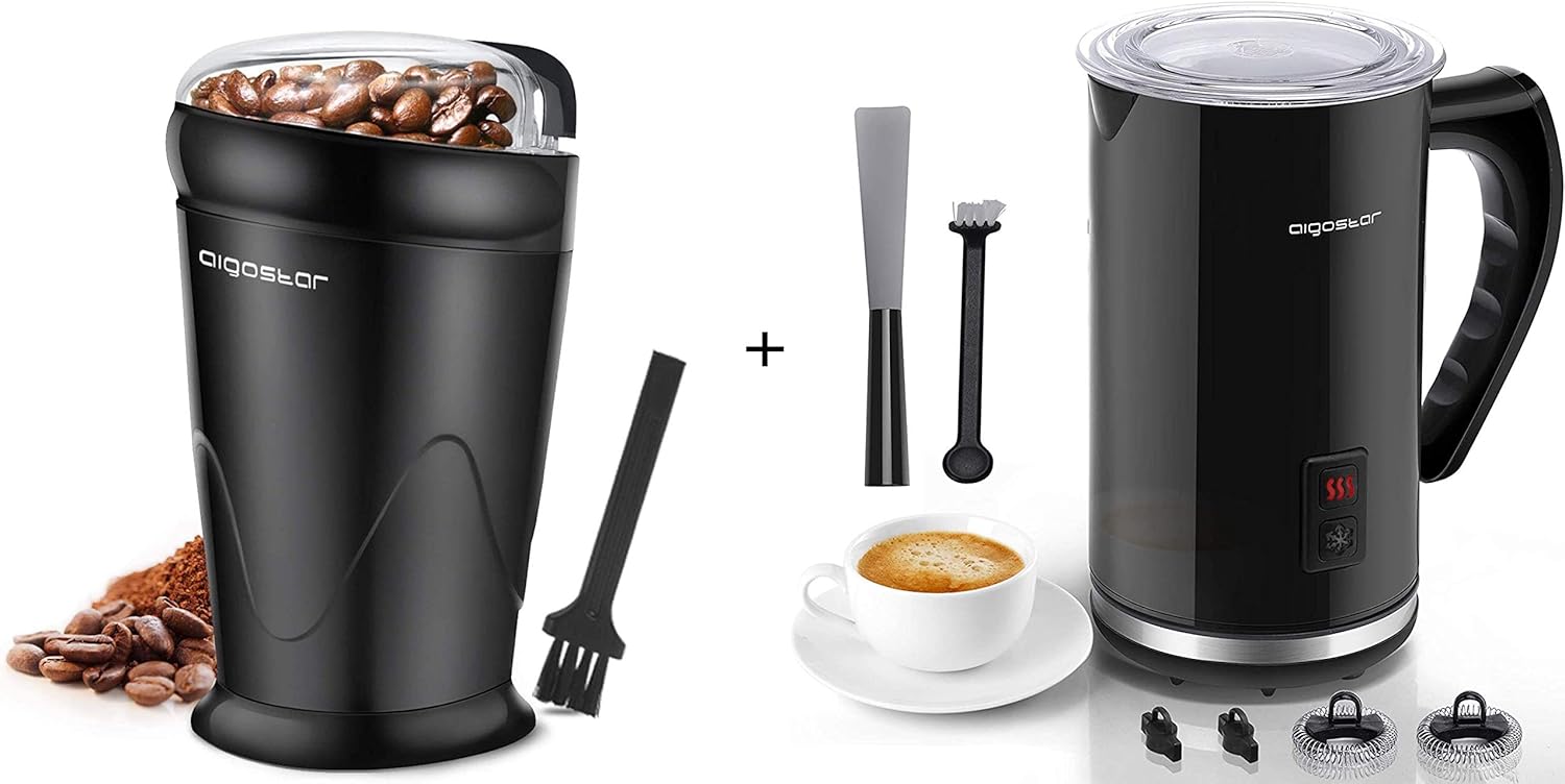 Aigostar Electric Coffee Grinder and Milk Frother, Stainless Steel, Black, Milk Steamer Hot and Cold 4-in-1 Milk Frothers, Coffee Grinder for Grinds Coffee Beans, Spices, Nuts and Grains.