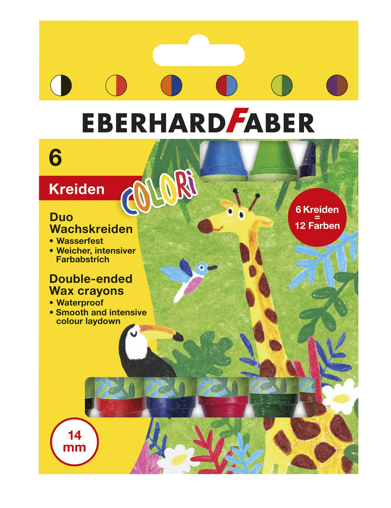 Eberhard Faber Colori Duo 524098 Wax Crayons in 12 Colours, One Chalk Pen with Two Lead Colours, 6 Waterproof Wax Painters with Soft, Intense Colour Spread, for Creative Painting Fun