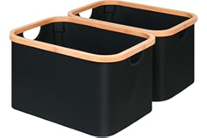 iEGrow 2-Pack Storage Basket, Rectangle Closet Storage With Bamboo Handles,Collapsible Storage Bins for Organizing Shelves Closets ,Black(15.7 x 11.8 x 9.8 inches)