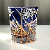 Crystal Cut Whiskey Glass, Blue and Amber Geometric Pattern, Vintage Style Old Fashioned Glass (starry night 1)