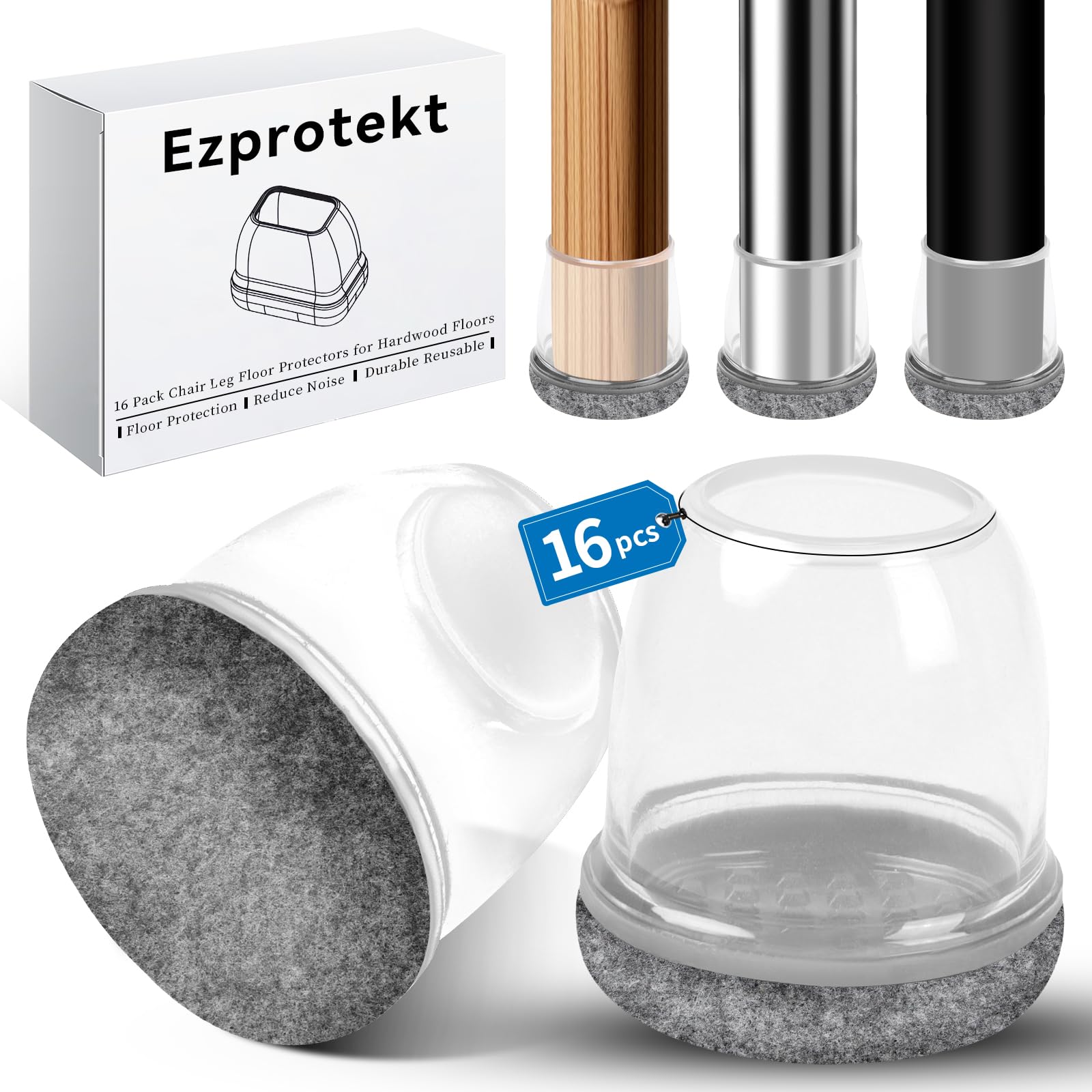 Chair Leg Covers, Ezprotekt Upgraded Chair Leg Floor Protectors, Grey Leg Caps, 16P Silicone Felt Bottom Soft Thermo-Plastic-Elastomer Furniture Leg Feet Covers Prevent Scratches Reduce Noise