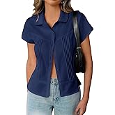 Cicy Bell Womens Short Sleeve Button Down Shirts Pleated Slim Fit Summer Dressy Casual Blouses Navy