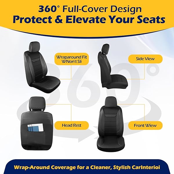 KINGPHENIX 2 PACK FRONT MEMORY FOAM LEATHER CAR SEAT COVERS, BREATHABLE 4D MESH, EASY INSTALL AUTOMOTIVE SEAT PROTECTORS, AIRBAG COMPATIBLE, UNIVERSAL FIT FOR CARS, TRUCKS, VANS, SUV – BLACK