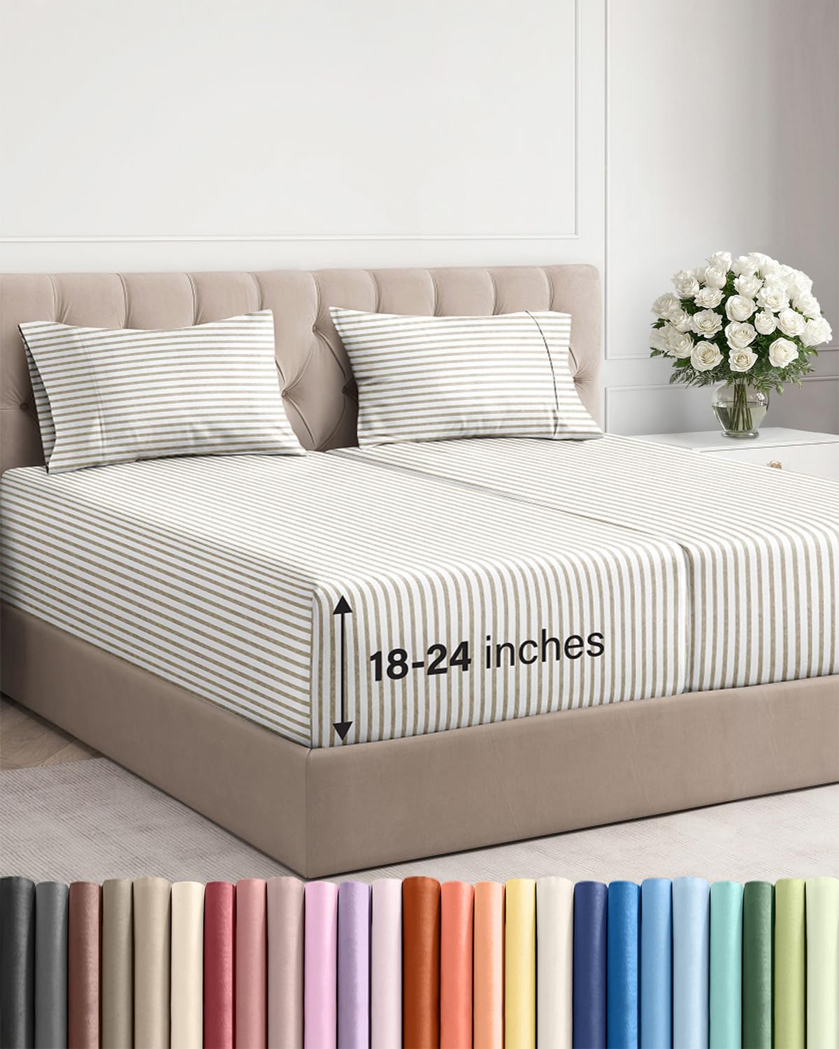 Extra Deep Pocket Split King Sheets - 5 Piece Breathable & Cooling Bed Sheets - Hotel Luxury Bed Sheet Set - Soft, Wrinkle Free & Comfy - Easily Fits Extra Deep Mattresses - Beige Striped Sheets Set Image