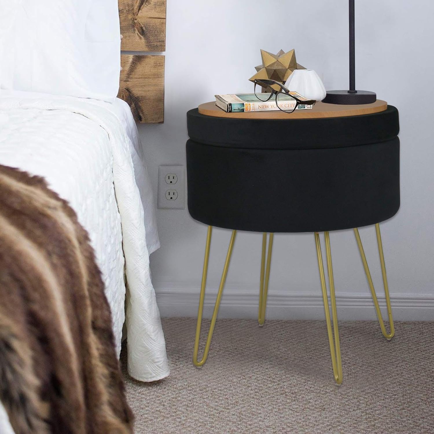 Velvet Storage Ottoman Home Vanity Seat/Table Small Round Soft Foot Rest Stool with Non-Slip Golden Hairpin Legs for Living Room, Bedroom and Kids Room (D15 xH18, Black)