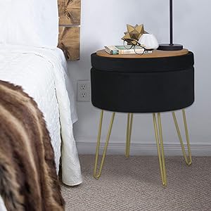 Velvet Storage Ottoman Home Vanity Seat/Table Small Round Soft Foot Rest Stool with Non-Slip Golden Hairpin Legs for Living Room, Bedroom and Kids Room (D15 xH18, Black)