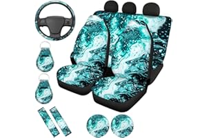 Wanyint Teal Blue Marble Print Car Seat Cover Full Set Ink Marbling Steering Wheel Cover Cupholder Coasters and Key Chain for Most Cars for Women Men Seat Belt Cushion Pad