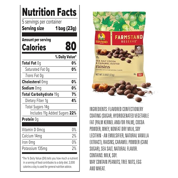 SUN-MAID FARMSTAND RESERVE SEA SALT COCOA & CARAMEL DUSTED RAISINS – (5 PACK) 0.8 OZ SNACK BAG – COCOA COVERED FRUIT SNACK