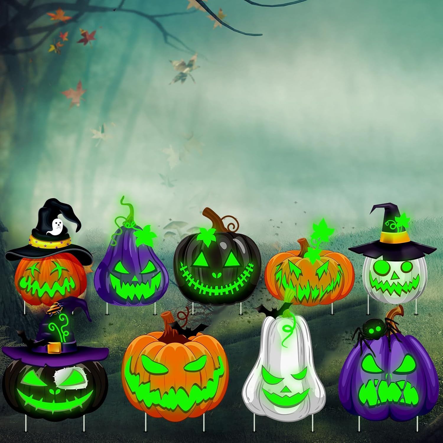Yard Signs - VIHOSE 9 Pcs Large Halloween Decorations Halloween Pumpkin Signs Pumpkin Yard Stakes Glow in The Dark Luminous Plastic Pumpkin Lawn Decor Pumpkin Lawn Signs for Outdoor Garden Porch Party Decor