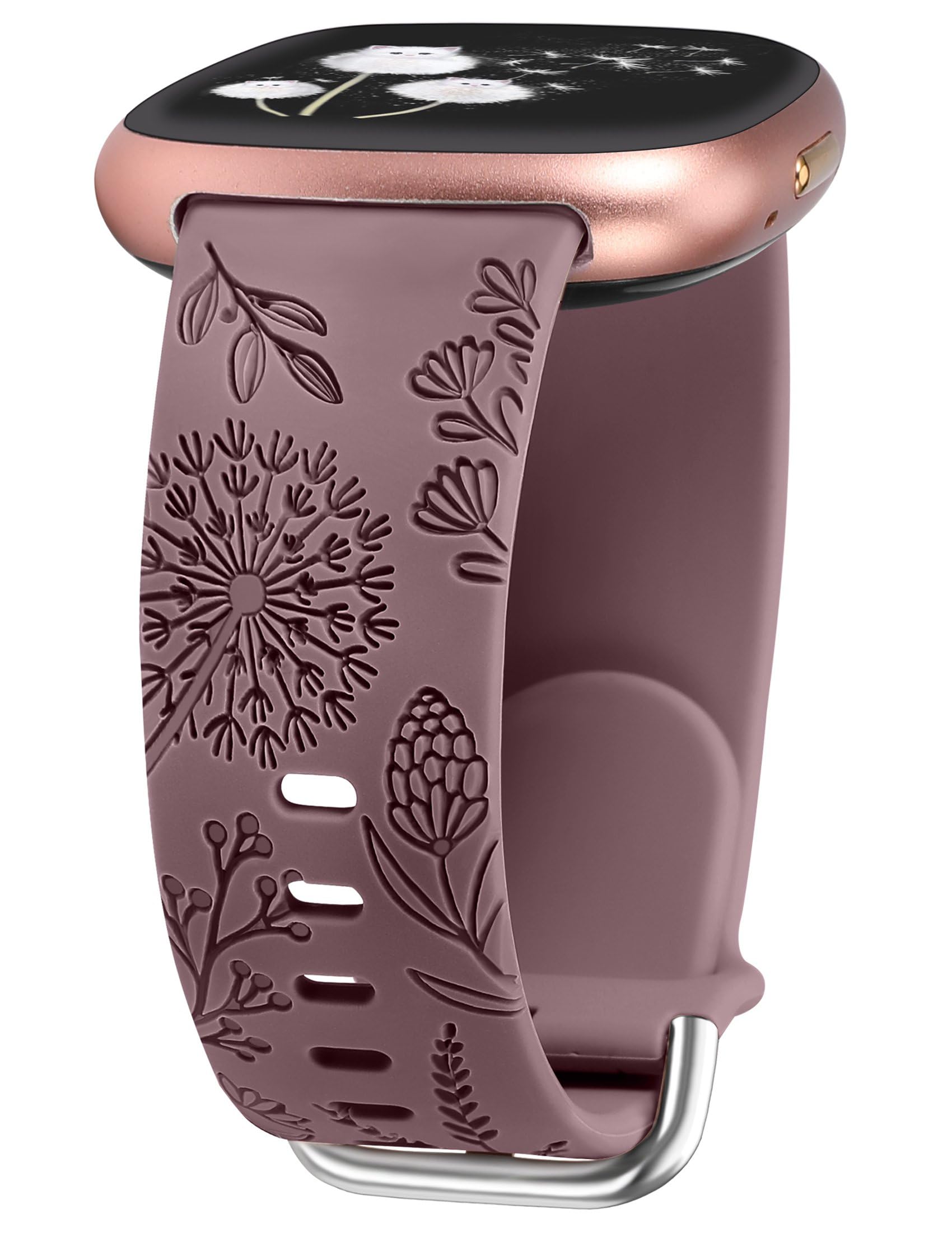 TOYOUTHS Dandelion Floral Engraved Strap Compatible with Fitbit Versa 4/Fitbit Sense 2/Fitbit Versa 3/Fitbit Sense Straps, Women Soft Silicone Flower Pattern Sport Strap for Versa 4, Smoked Violet
