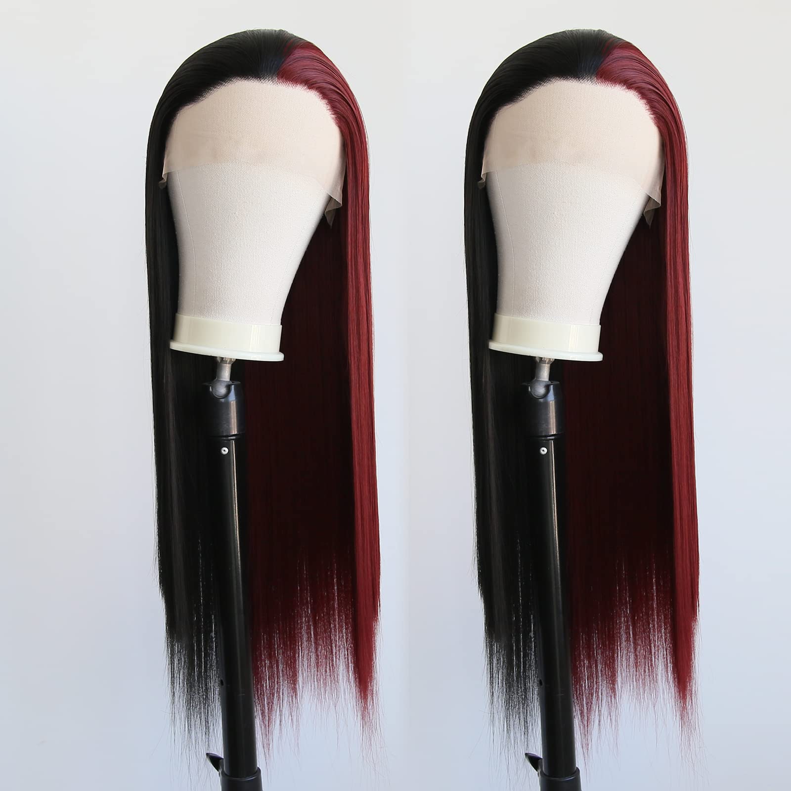 Towarm Black and Burgundy Wig - Long Straight Synthetic Lace Front Wig, Pre-Plucked Natural Hairline With Baby Hair for Women, Cosplay, Daily Wear