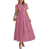 BTFBM Womens Summer 2026 Casual Midi Maxi Dresses Lightweight Short Sleeve V Neck Elastic Waist Boho Beach Dress Pockets