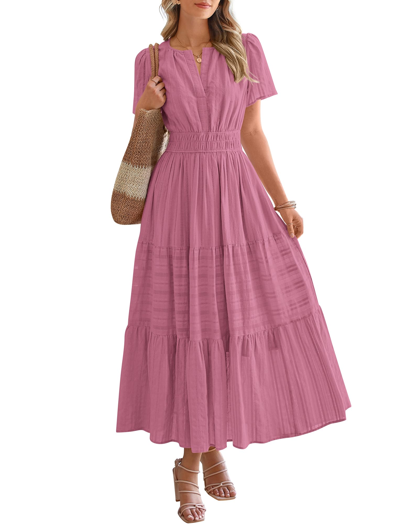 Photo 1 of BTFBM Womens Summer 2025 Casual Midi Maxi Dresses Lightweight Short Sleeve V Neck Elastic Waist Boho Beach Dress Pockets(Dusty Pink, XX-Large)
