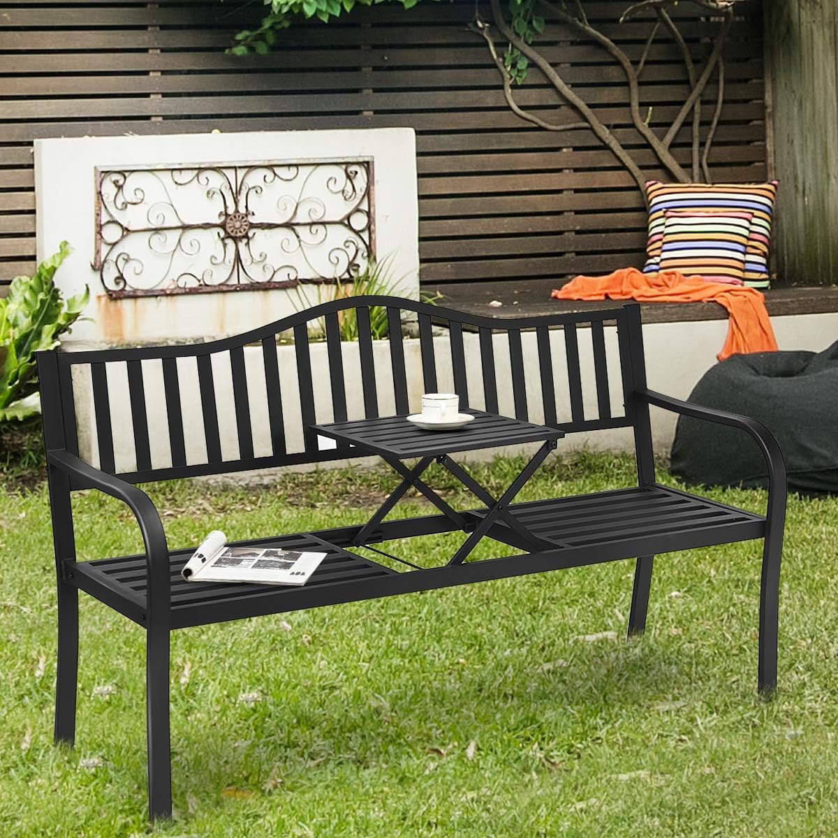 Giantex Garden Bench, Outdoor Metal Patio Benches w/Pullout Middle Table for Porch Path Yard Lawn Decor Deck Outdoor Metal Loveseat (Black): Kitchen & Dining