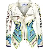 Fashion SX Women's Punk Floral Embroidered short Faux Leather Jacket Hand-painted Moto PU Coat