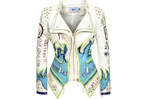 Fashion SX Women's Punk Floral Embroidered short Faux Leather Jacket Hand-painted Moto PU Coat